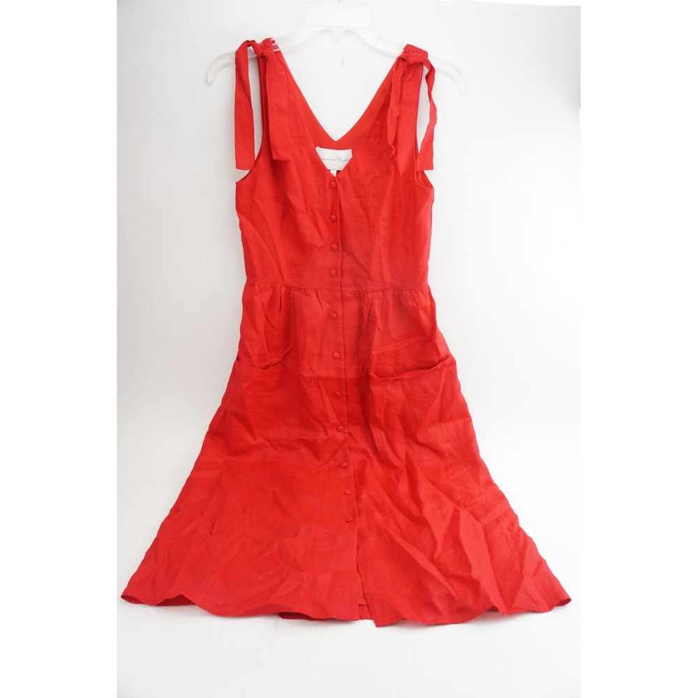 Charles Henry Midi Dress Womens Small Red Linen Tie Shoulder Button‎ Front EUC